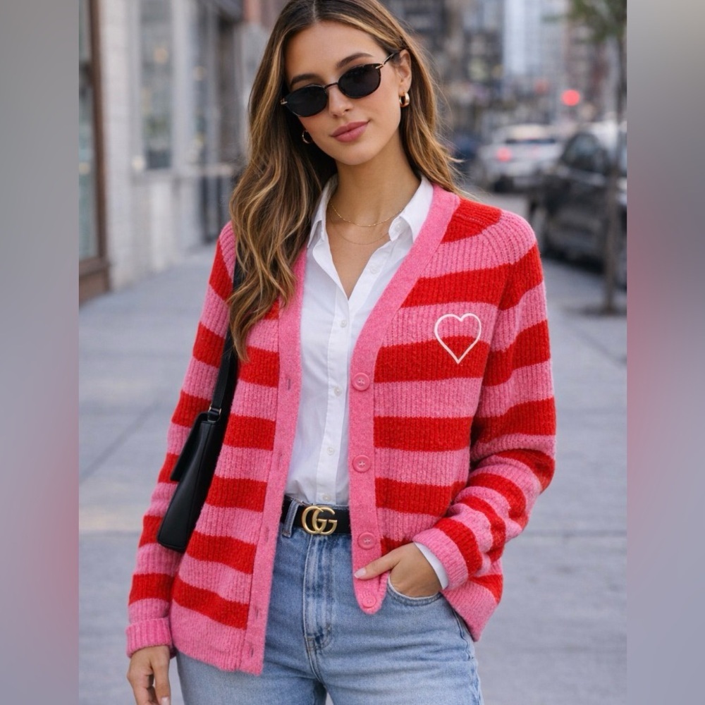 A New Day™ Heart Button-Down Cardigan, Pink & Red Striped, Womens size Medium